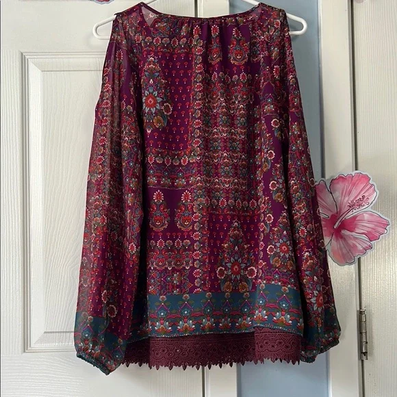 1. State Red and Purple Tie Front Ruffled Blouse - Picture 2 of 11